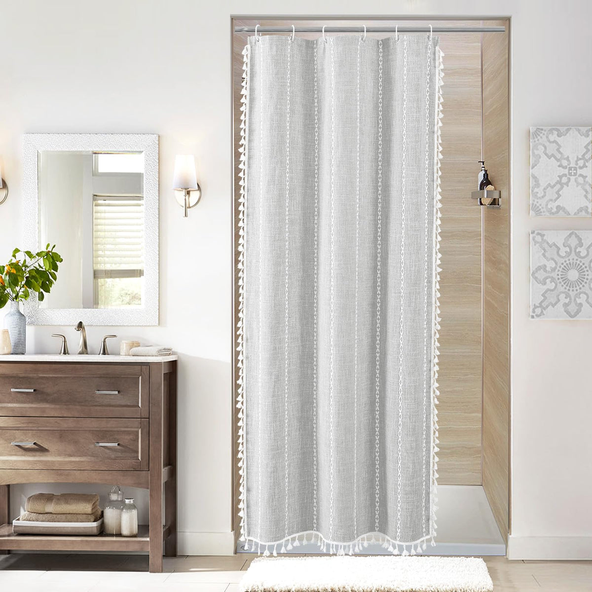 Boho Farmhouse Tassel Linen Shower Curtain,3D Embroidery Stripe Black,72x72
