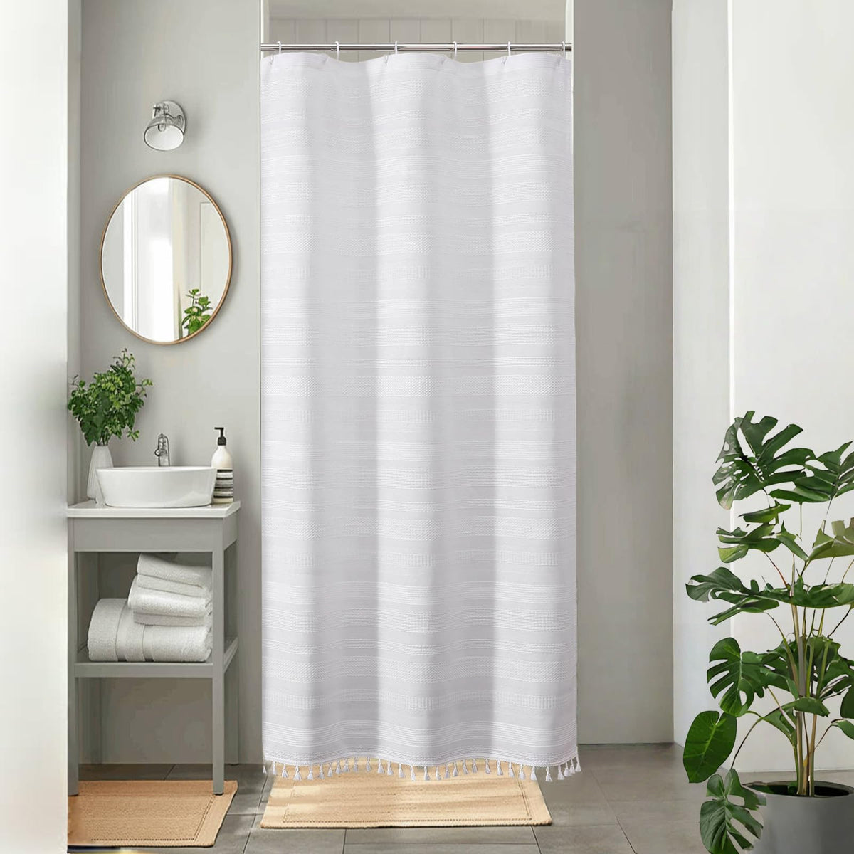 OVZME Sage Green Shower Curtain for Bathroom, Boho Linen Textured Shower Curtain with Tassel, Rustic Striped Heavy Duty Vintage Country Bathroom Curtain, 72Wx72L Inches