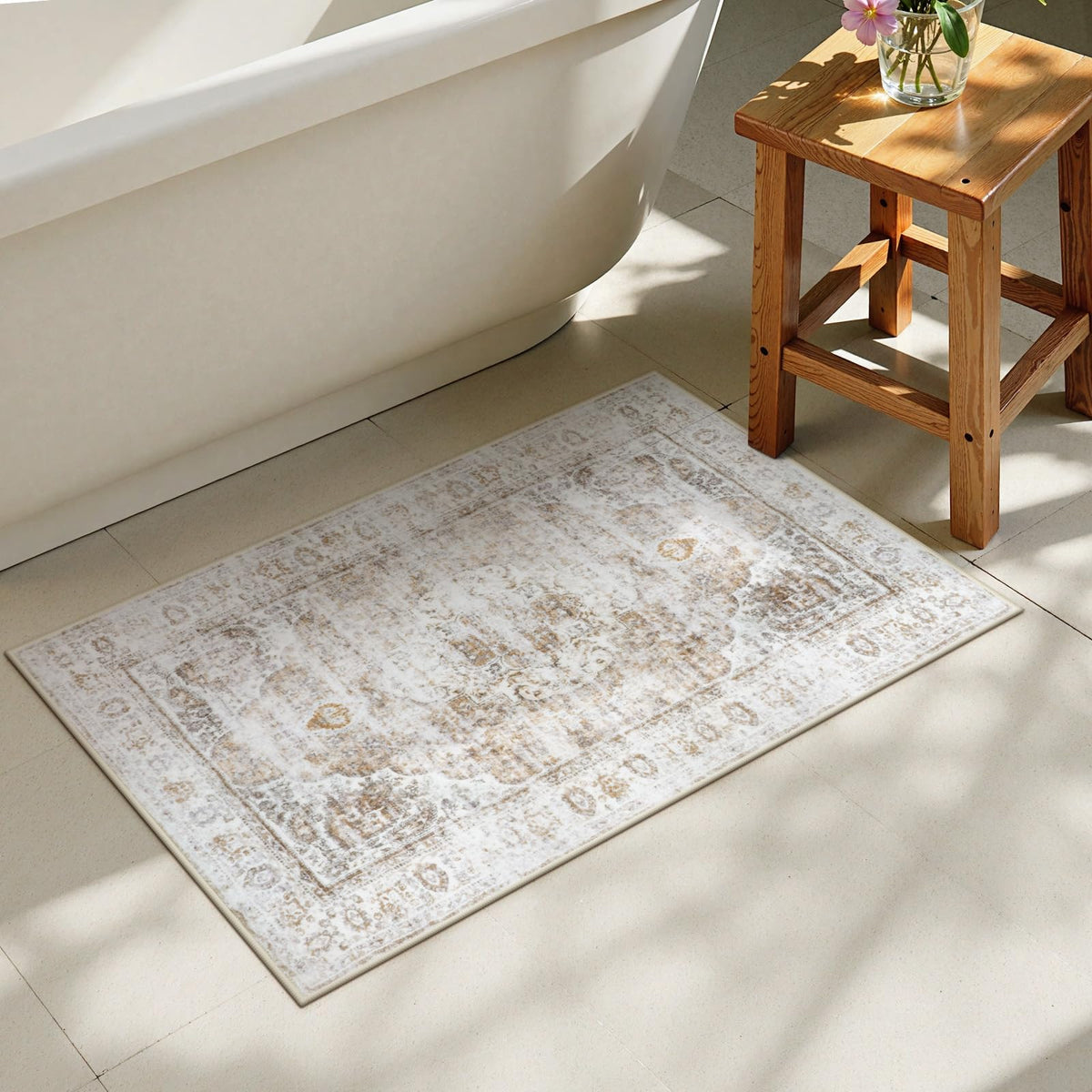 Uphome Boho Small Bath Mat, Distressed Farmhouse Light Khaki Bath Rugs, Comfy Velvet Bathroom Rugs Non Slip Washable, Vintage Oriental Toilet Rug for Sink Shower Vanity, 18x26 inch
