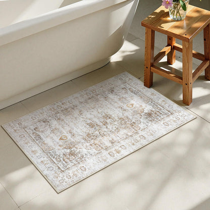 Uphome Boho Small Bath Mat, Distressed Farmhouse Light Khaki Bath Rugs, Comfy Velvet Bathroom Rugs Non Slip Washable, Vintage Oriental Toilet Rug for Sink Shower Vanity, 18x26 inch