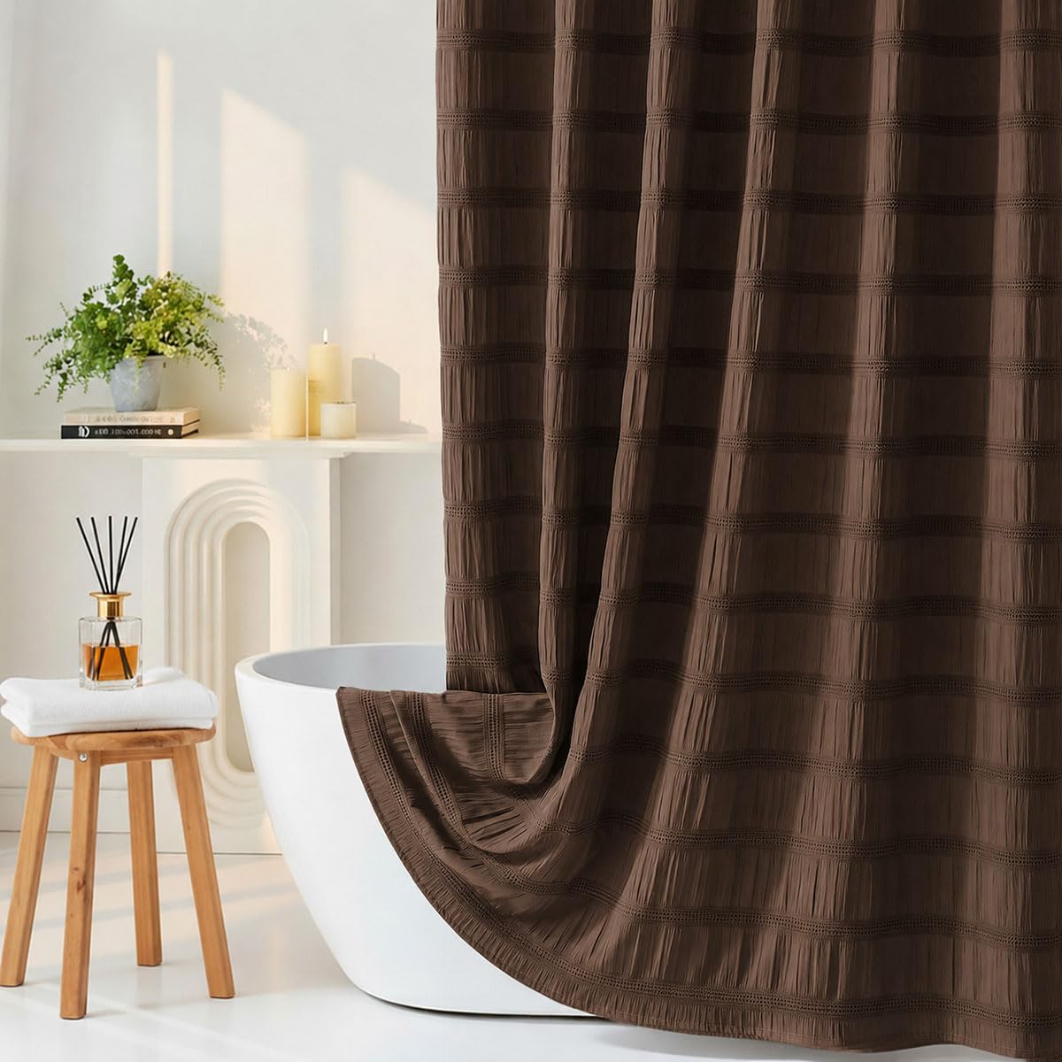White Shower Curtain Fabric, White Textured Shower Curtain Boho Cotton Blend Striped Waffle Shower Curtains for Bathroom 72 x 72