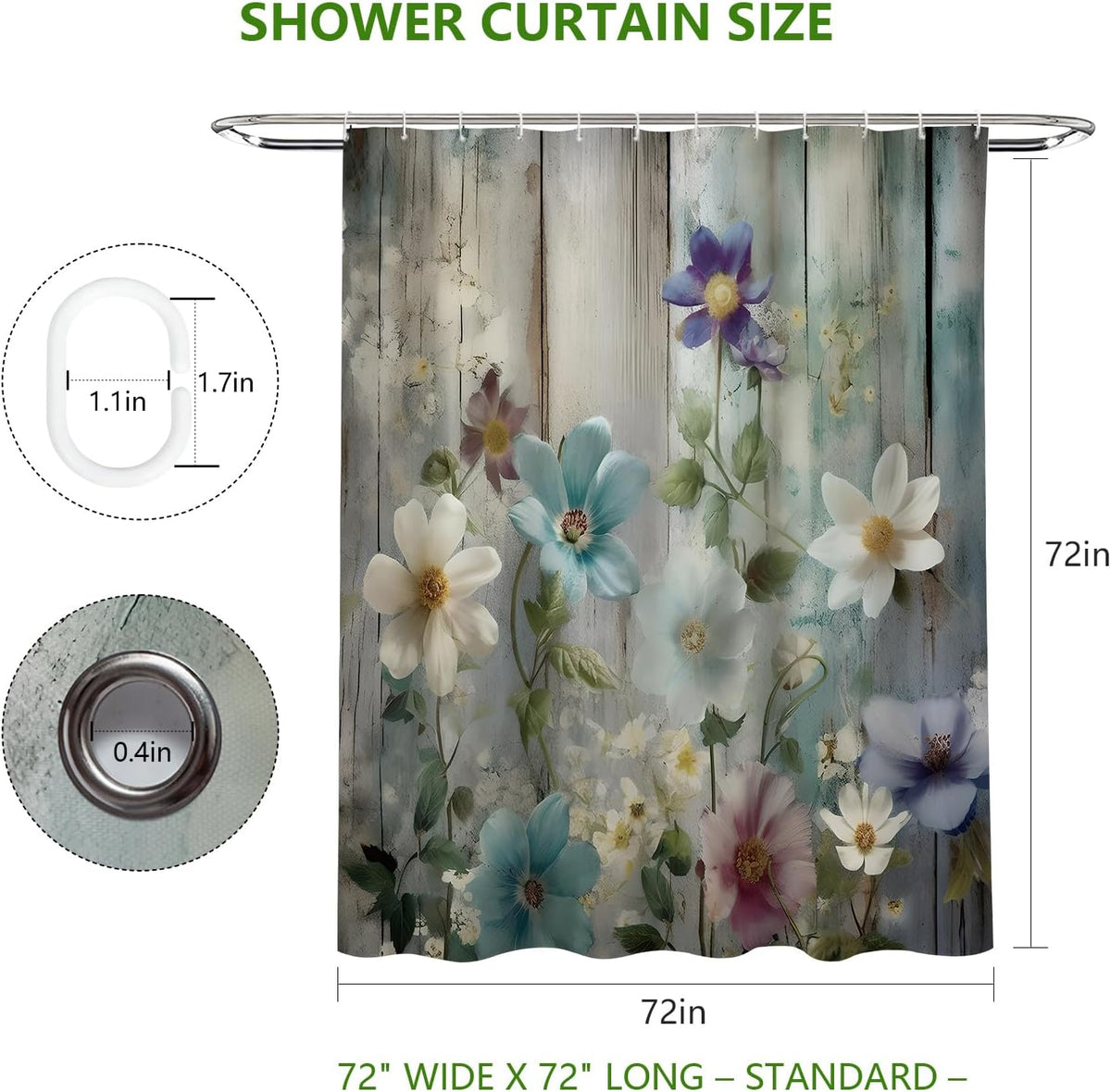 MEHOFOND Rustic Farmhouse Shower Curtain, Colorful Flowers Shower Curtains,Farm Teal Floral on Country Wooden Shower Curtain,Country Blue Wild Garden Plant Fabric Curtains for Bathroom 72x 72 inch