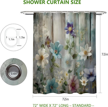 MEHOFOND Rustic Farmhouse Shower Curtain, Colorful Flowers Shower Curtains,Farm Teal Floral on Country Wooden Shower Curtain,Country Blue Wild Garden Plant Fabric Curtains for Bathroom 72x 72 inch
