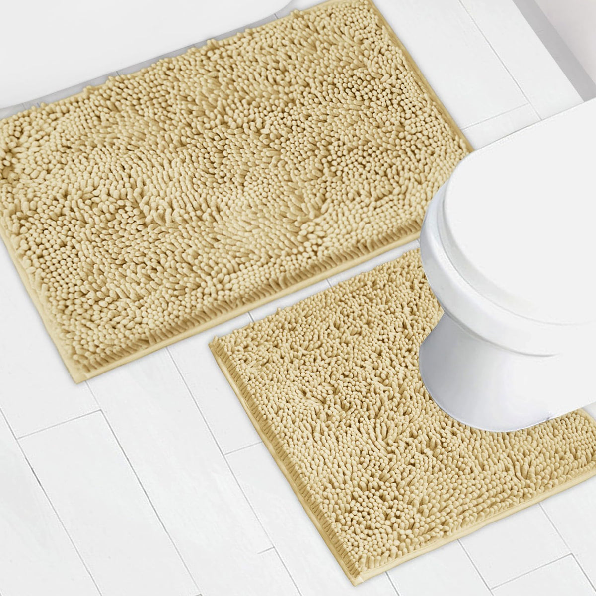 Bathroom Rugs Chenille Bath mat 2 Piece Set, Super Absorbent, Strong PVC Non Slip Backing, Bath mats for Bathroom, Plush Shaggy, Thick, Machine Washable, Bathtub, Toilet.(Light Grey)