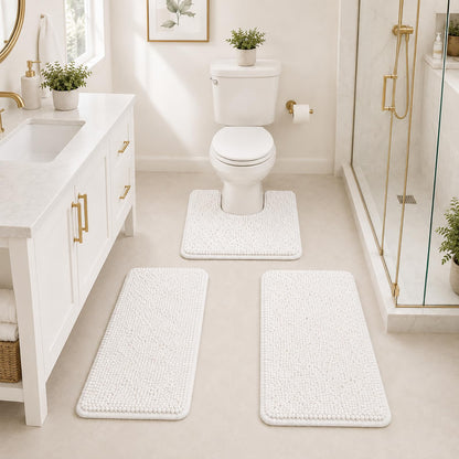 Bathroom Rugs Set Non Slip 3 Piece Bath Mat Washable Chenille Bath Rugs with PVC Backing Bath Carpet,Absorbent Bathroom Mats with Toilet Rug,Bath Mats for Bathroom,Bedroom, Kitchen,Tub,Home Decor