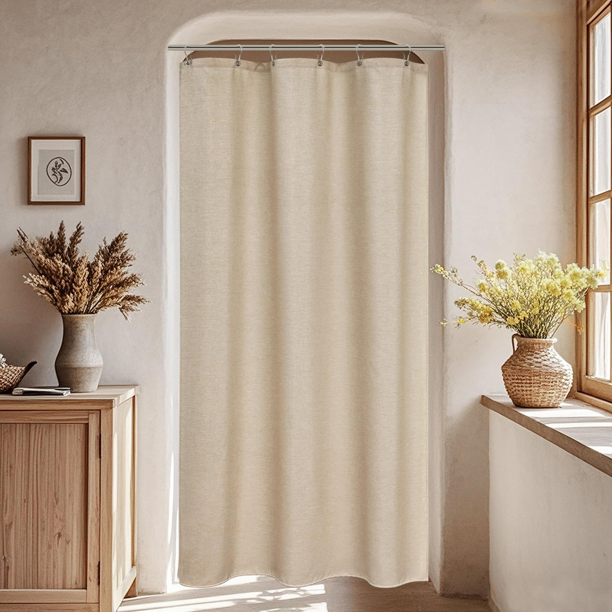 Seenus Linen Look Farmhouse Thick Fabric Shower Curtain Brown, Faux Linen Textured Country Rustic Shower Curtains Water-Resistant, 72 x 72 Inch Tan Taupe Heavyweight Shower Curtain for Bathroom Hotel