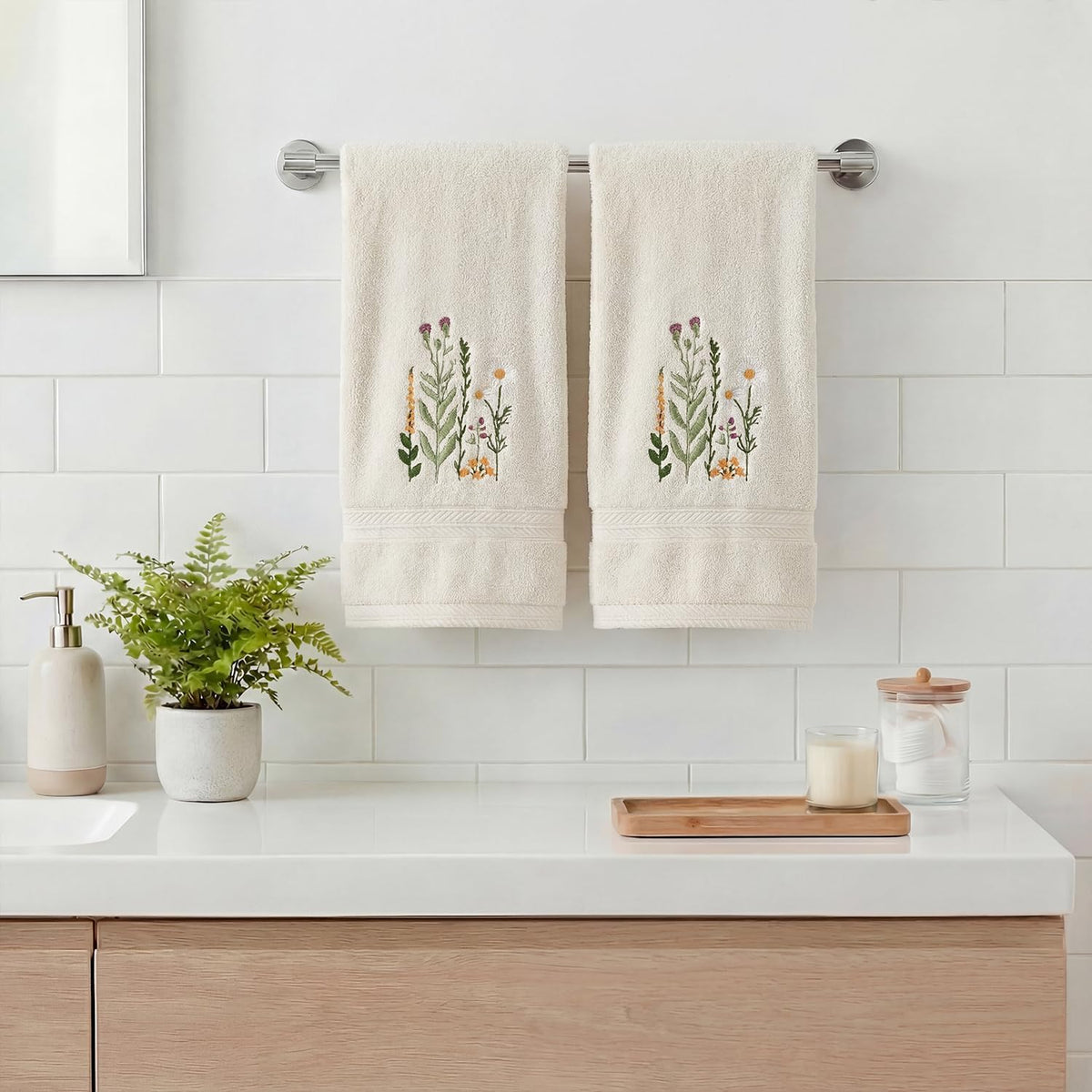Artoid Mode 2 Pcs Beige Wildflower Floral Embroidered Hand Towels for Bathroom, 100% Cotton Soft Absorbent Farmhouse Decor Towels, 13.7 x 29.5 Inch