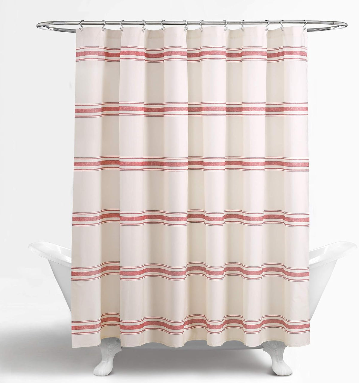 Lush Decor Farmhouse Stripe Cotton Shower Curtain, 72" W x 72" L, Red - Striped Bathroom Curtain - Fabric Shower Curtains - Farmhouse Bathroom Decor