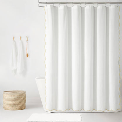 Lush Decor Coastal Chic Scallop Edge Linen-Textured Shower Curtain, Single 72" W x 72" L, Navy & White - Scalloped Shower Curtains - Coastal Bathroom Curtain
