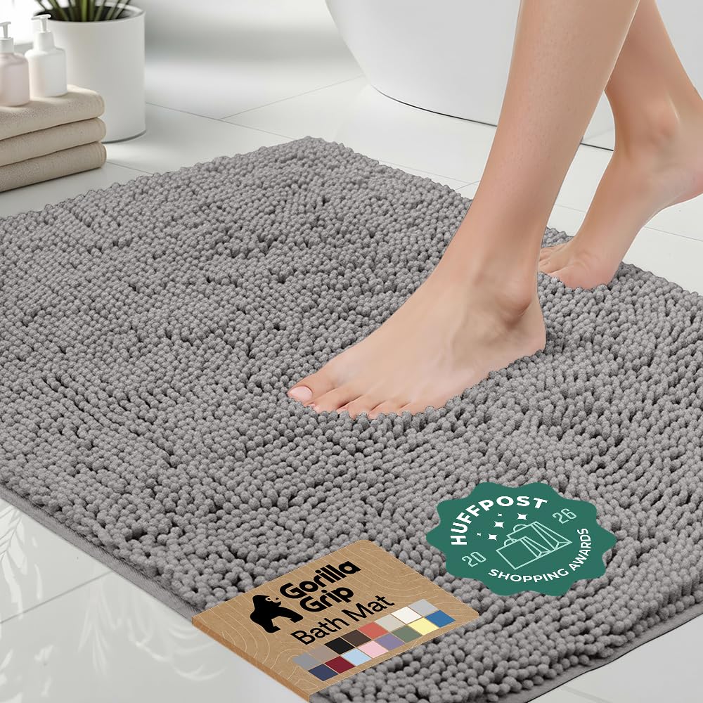 GORILLA GRIP Bath Rug Mat for Bathroom, Absorbent Chenille, 30x20 Gray