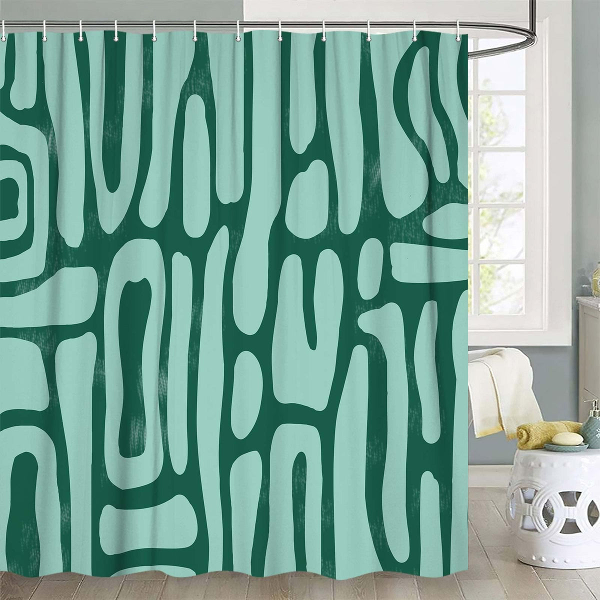 Bondjos Abstract Sage Green Shower Curtain,Boho Modern Geometric Line Art Decor,Abstract Minimalist Farmhouse Style Shower Curtain for Bathroom，Waterproof Polyester Fabric Bathroom Curtain,72x72 Inch