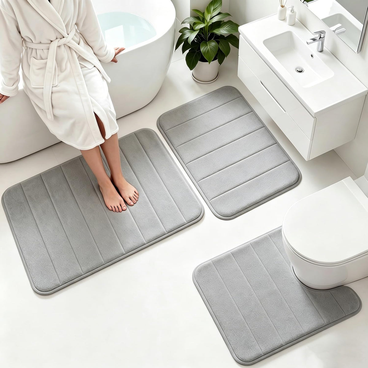 Memory Foam Bath Mat Set 3 Piece，Super Soft Absorbent Bathroom Rug Non Slip, Quick Dry,Machine Wash, Perfect Plush Bathroom Rugs,Home Decor Accessories,Grey