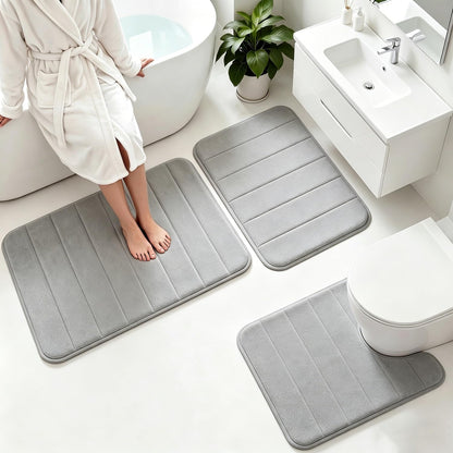 Memory Foam Bath Mat Set 3 Piece，Super Soft Absorbent Bathroom Rug Non Slip, Quick Dry,Machine Wash, Perfect Plush Bathroom Rugs,Home Decor Accessories,Grey