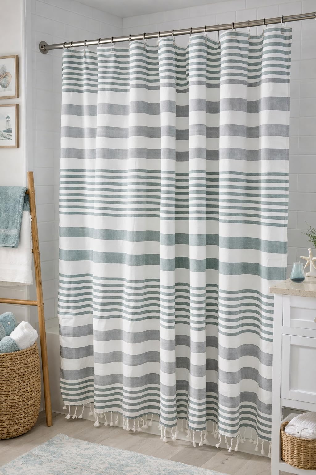 Serafina Home Nautical Striped Blue and White Fabric Shower Curtain: