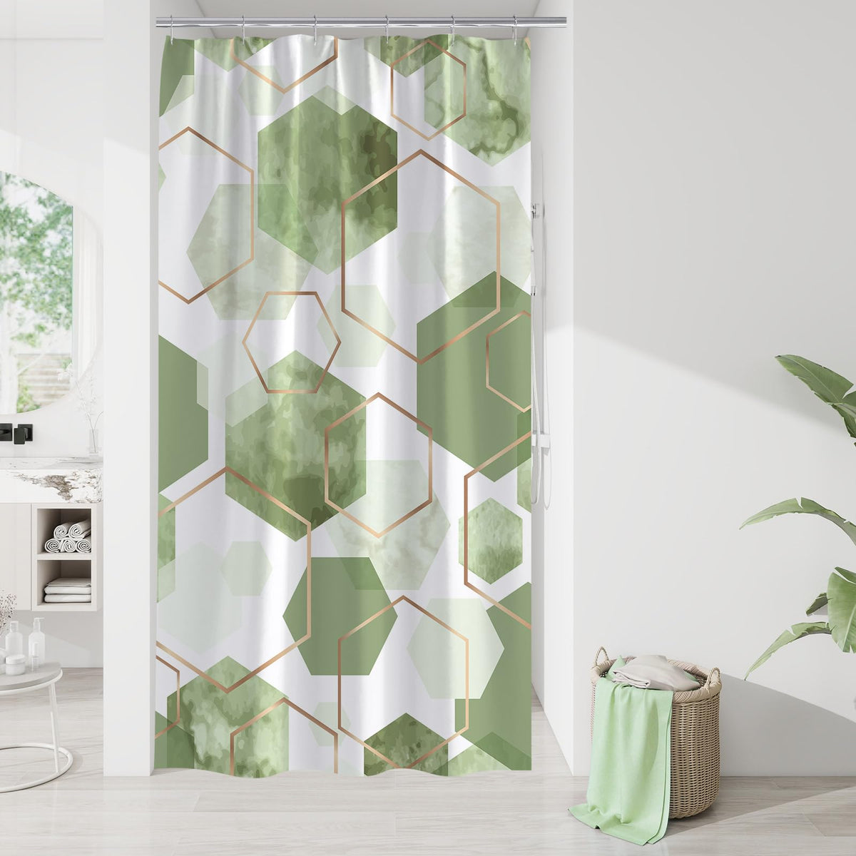 Litabel Sage Green Geometric Shower Curtain for Bathroom, 72x72