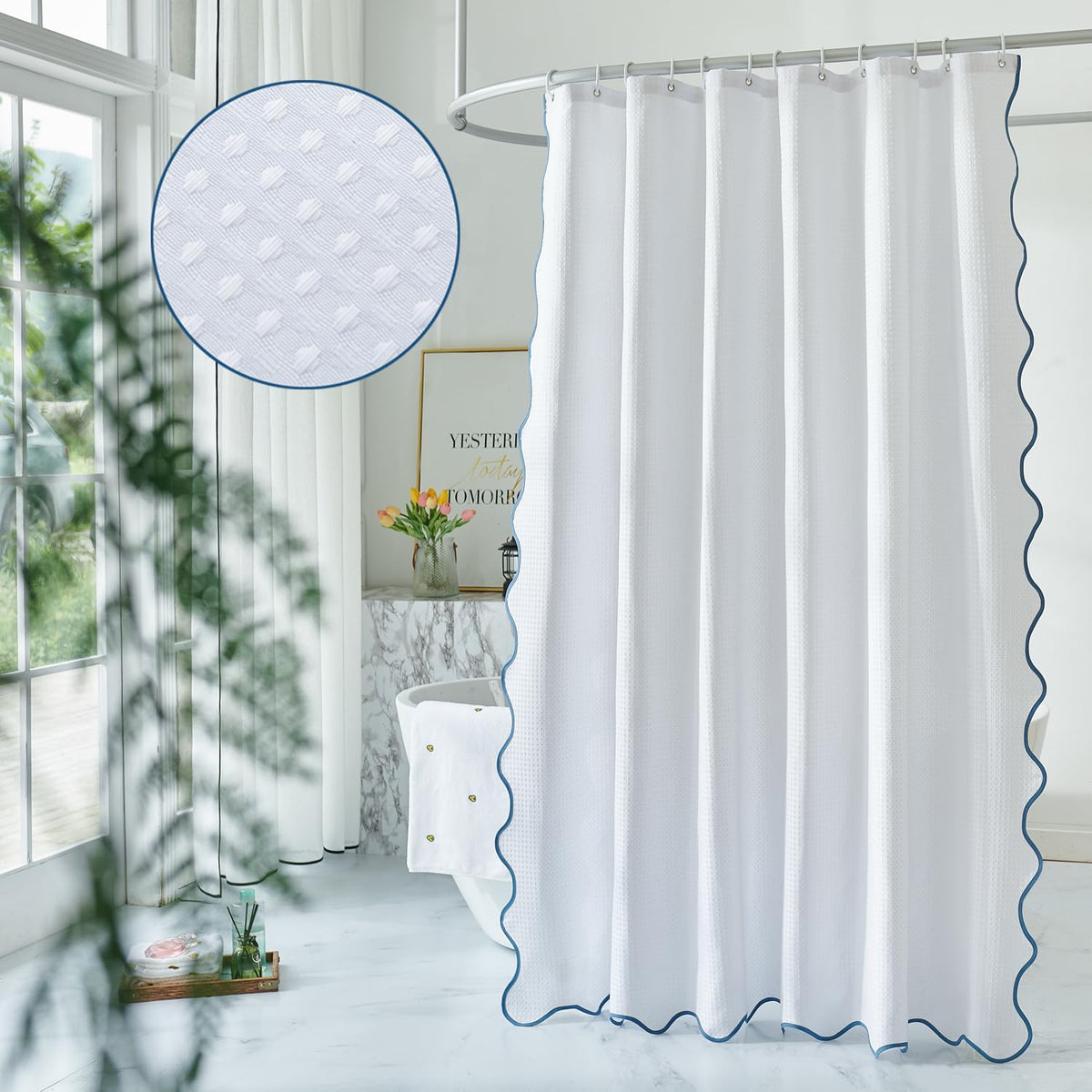 White Fabric with Water Blue Scalloped Border Shower Curtain,Boho Chic Cloth Shower Curtain for Bathroom Showers,72 x 72 Inches