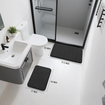 Yimobra Memory Foam Bathroom Rugs Sets 2 Piece - Super Soft Absorbent Quick Dry Bath Mat Set, Machine Washable Non Slip Floor Carpet for Tub Shower & Single Sink (17x24 & 31.5x20 Inch, Black)