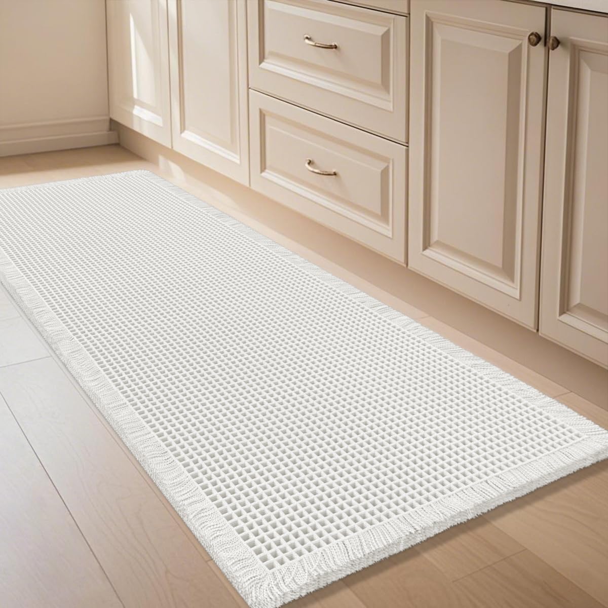 IM HOME Waffle Bath Mat Beige 32"x20", Boho Woven Modern Bath Mat Rugs, Absorbent Non Slip Bathroom Rugs, Soft Washable Bath Rugs with Tassels for Bathroom, Bedroom, Kitchen, Shower, Tub