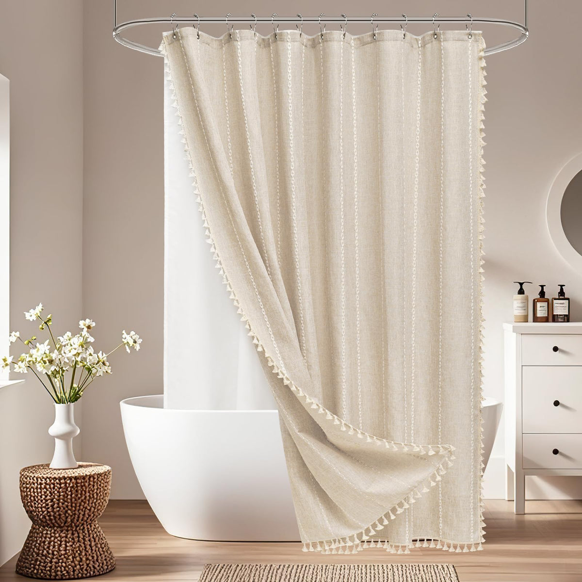Seenus Boho Farmhouse Linen Shower Curtain with Tassels, Tan Brown Heavyweight Soft Fabric Shower Curtain Striped, 72 x 72 Inch Taupe Water Repellent Rustic Country Bathroom Curtain Wrinkle-Free