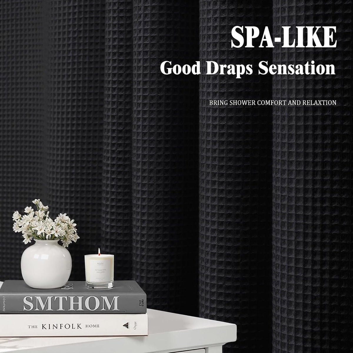 Waffle Weave Shower Curtain Heavyweight Cotton Fabric Black 72Wx72L