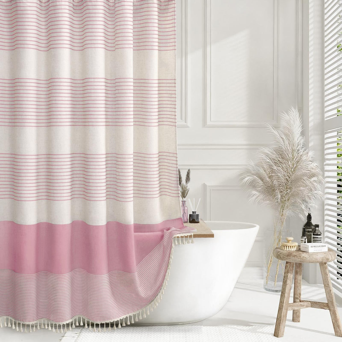 Navy Blue Coastal Ocean Linen Striped Shower Curtain with Tassel 72W X 72L
