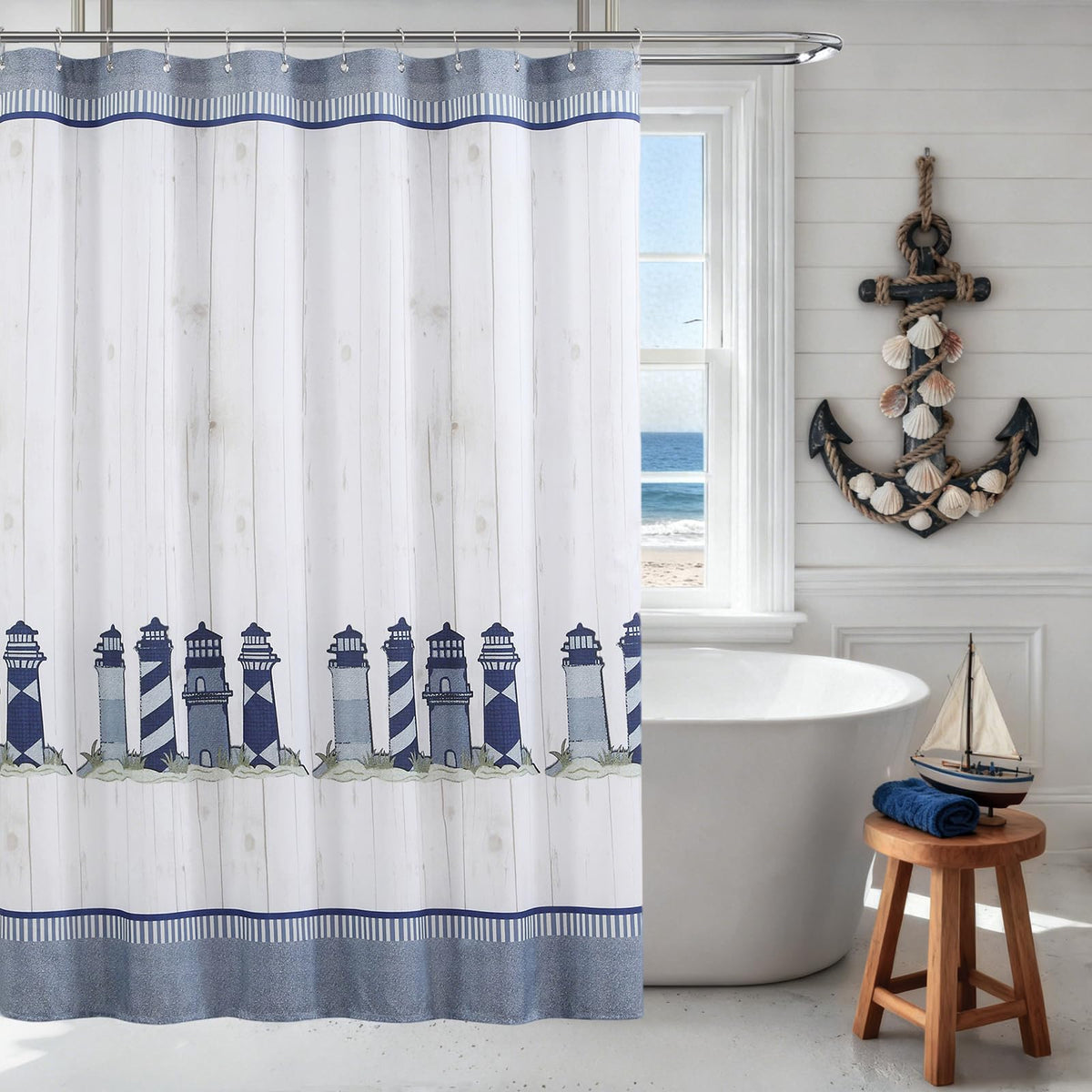 Coastal Seashell Fabric Shower Curtain, Under The Sea Beach Ocean Theme Shower Curtain with Starfish & Coral, Waterproof Blue Nautical Decorative Bathroom Curtains, 72" W x 72" H