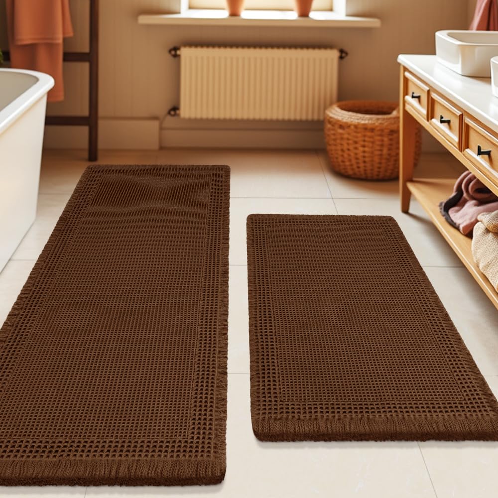 Upgrade Waffle Bath Mat Set 2 Piece, Boho Bathroom Rugs Absorbent Non Slip, Ultra Soft Bathroom Mat, Machine Washable Knit Bath Rugs with Herringbones for Bathroom, Bedroom, Kitchen, Shower, White