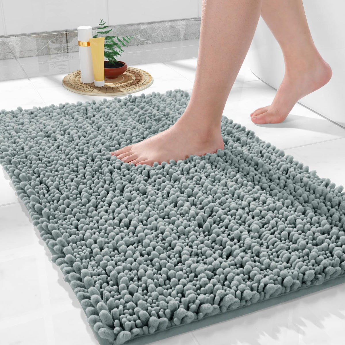 Yimobra Bathroom Rugs Non Slip Washable 32x20 Inch - Ultra Soft Absorbent Chenille Bath Mat, Quick Dry Shaggy Floor Carpet for Tub Shower, Gray Home Decor Accessories