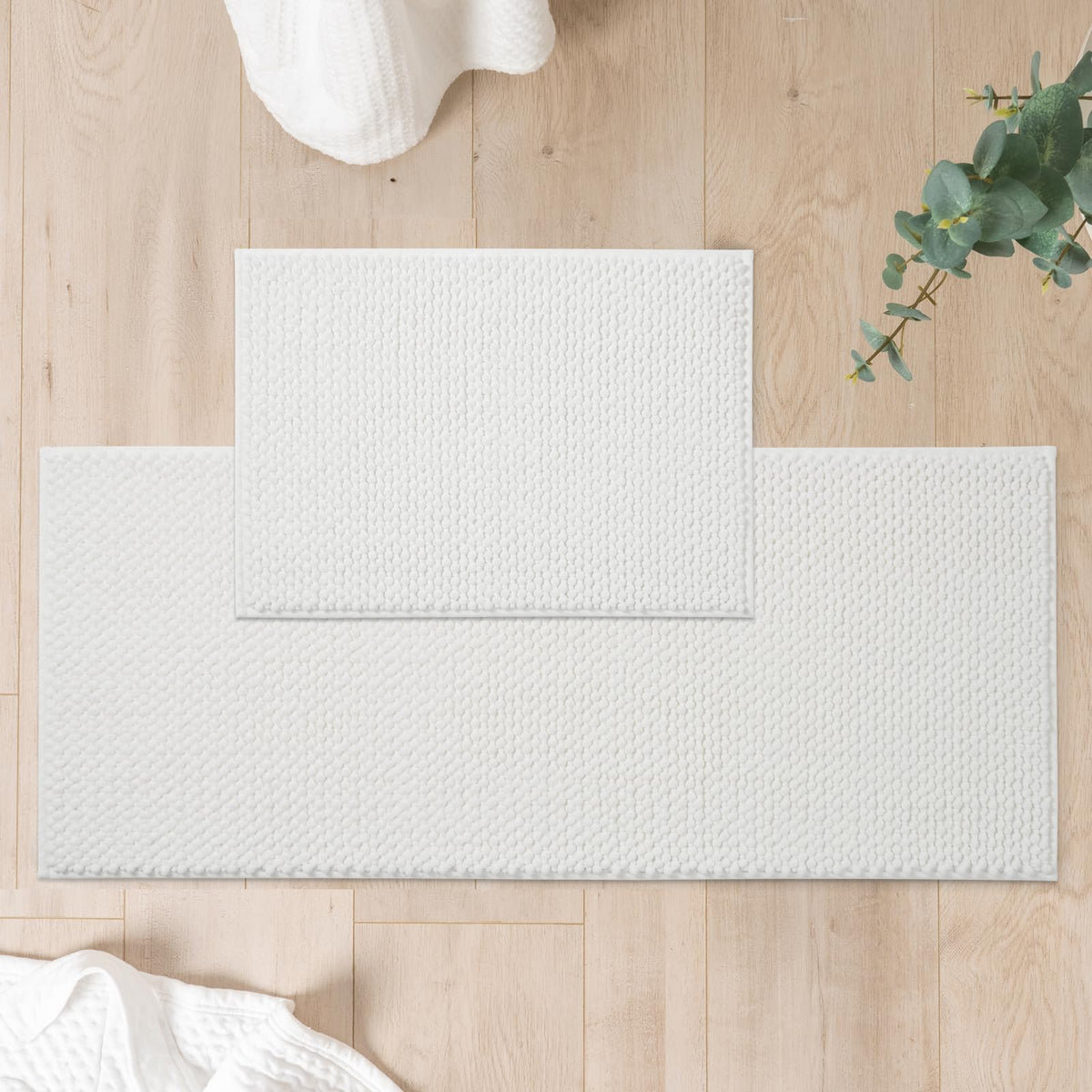 FRESHMINT Chenille Bath Rugs Set 2 Pieces, Cream White, 17''x24''+20''x47''