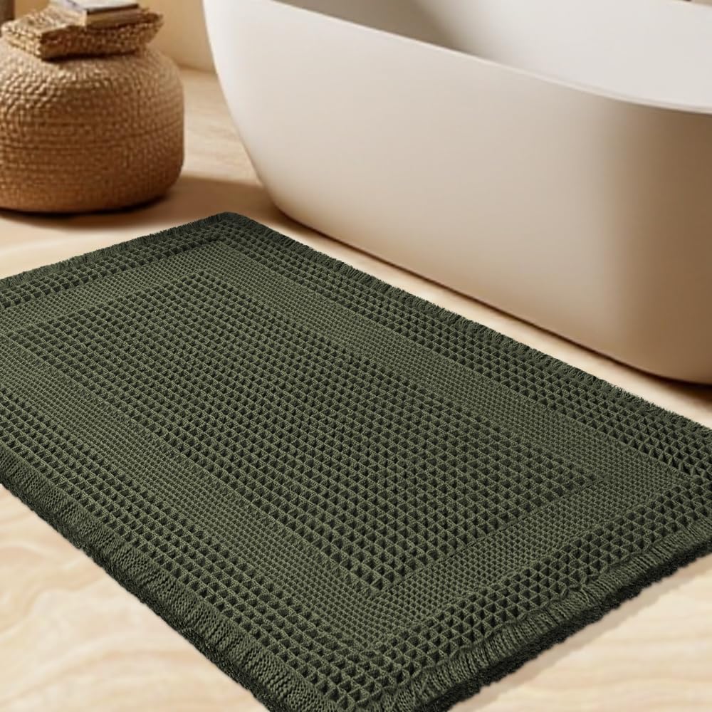 Upgrade Waffle Bath Mat Set 2 Piece, Boho Bathroom Rugs Absorbent Non Slip, Ultra Soft Bathroom Mat, Machine Washable Knit Bath Rugs with Herringbones for Bathroom, Bedroom, Kitchen, Shower, White