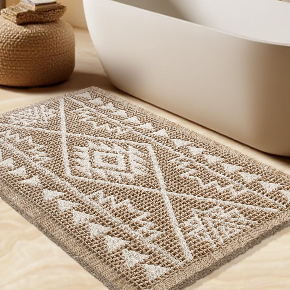 Upgrade Waffle Bath Mat Set 2 Piece, Boho Bathroom Rugs Absorbent Non Slip, Ultra Soft Bathroom Mat, Machine Washable Knit Bath Rugs with Herringbones for Bathroom, Bedroom, Kitchen, Shower, White