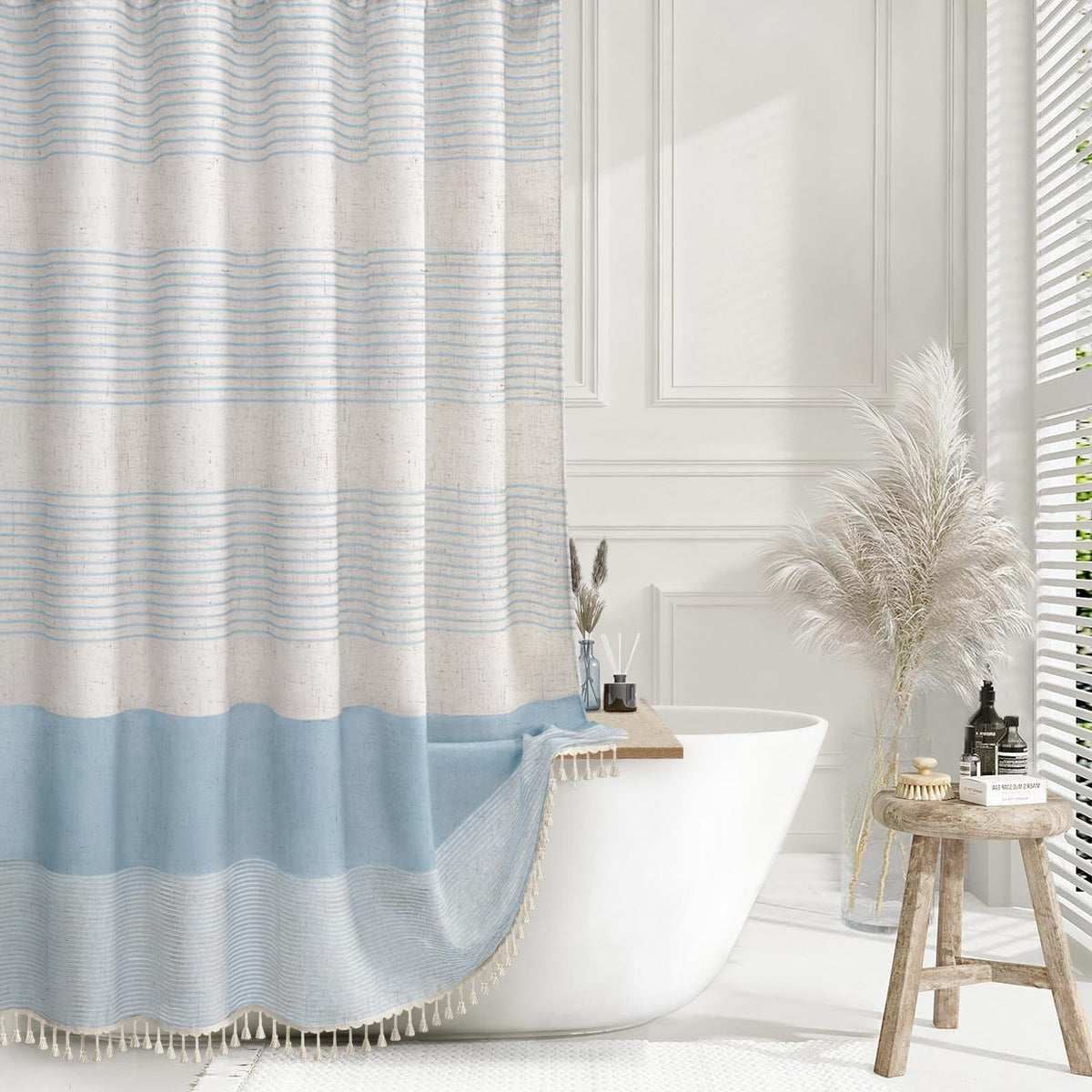 Navy Blue Coastal Ocean Linen Striped Shower Curtain with Tassel 72W X 72L