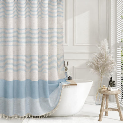 Navy Blue Coastal Ocean Linen Striped Shower Curtain with Tassel 72W X 72L