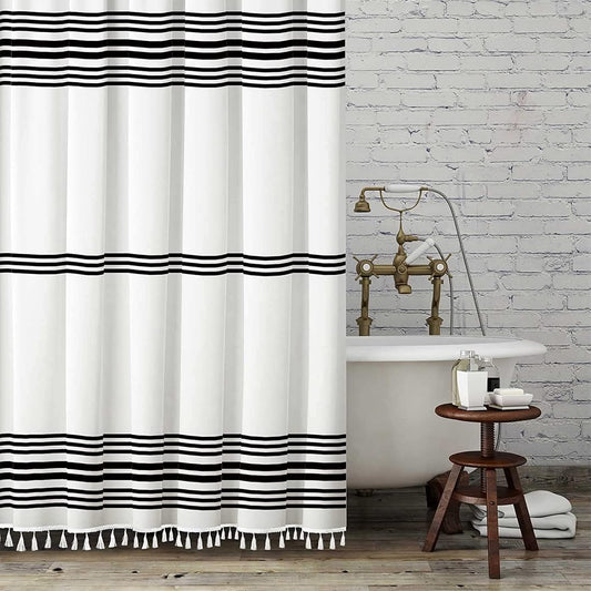 Seasonwood Black and White Shower Curtain with Tassels, 72 x 72