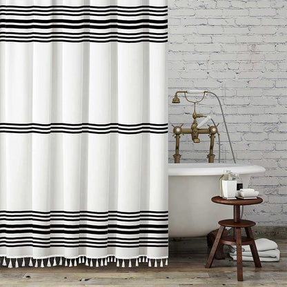 Seasonwood Black and White Shower Curtain with Tassels, 72 x 72