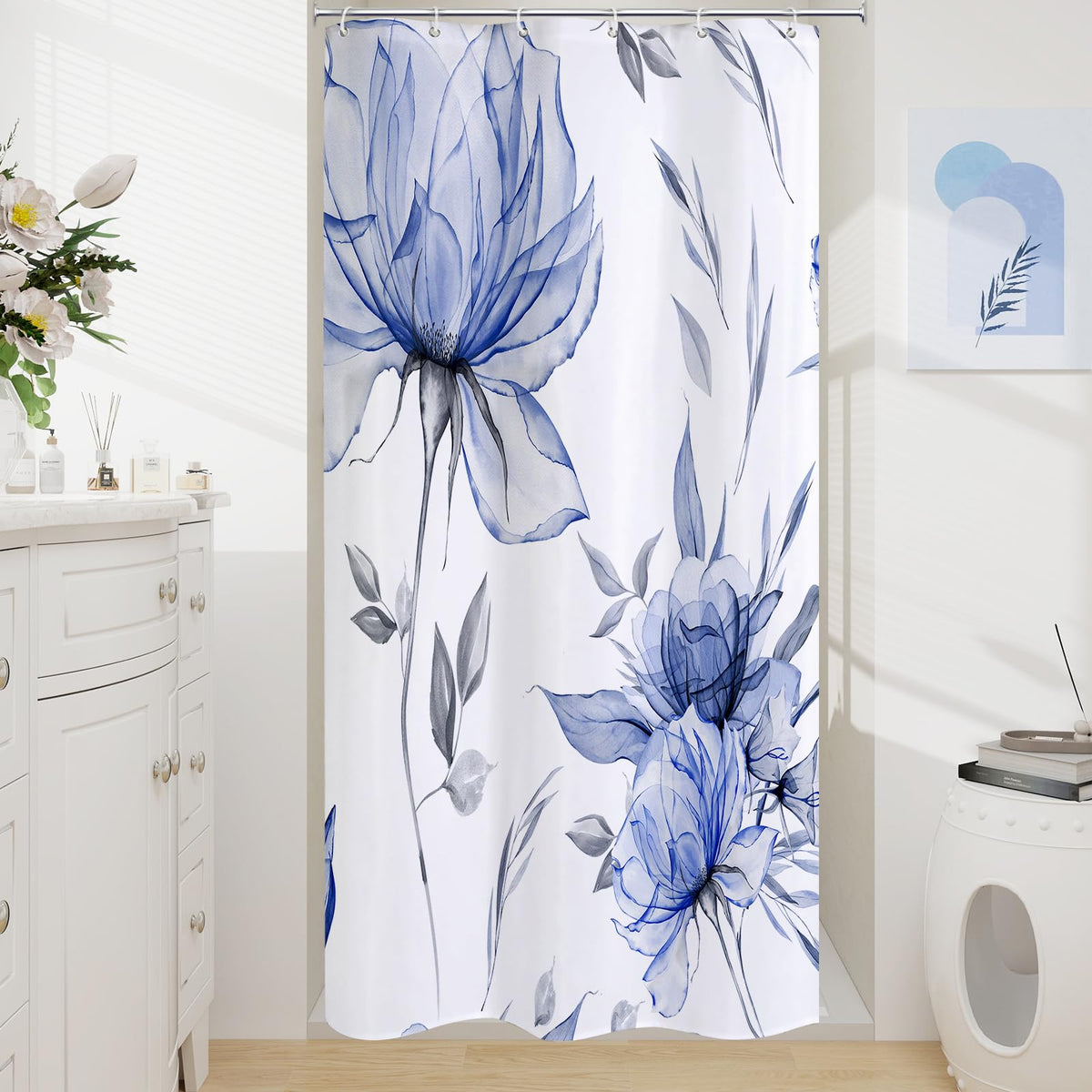 Blue Boho Floral Shower Curtain, Watercolor Botanical Design, 72 x 72