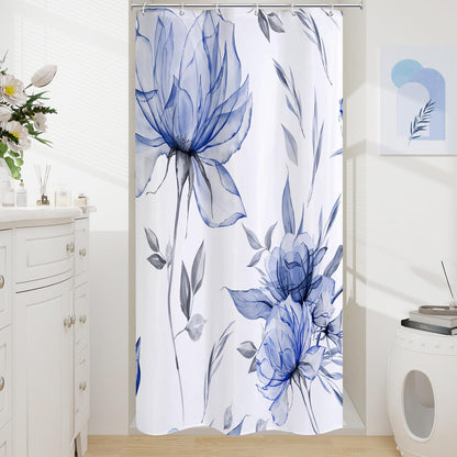 Blue Boho Floral Shower Curtain, Watercolor Botanical Design, 72 x 72