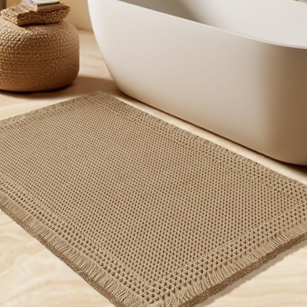 Upgrade Waffle Bath Mat Set 2 Piece, Boho Bathroom Rugs Absorbent Non Slip, Ultra Soft Bathroom Mat, Machine Washable Knit Bath Rugs with Herringbones for Bathroom, Bedroom, Kitchen, Shower, White