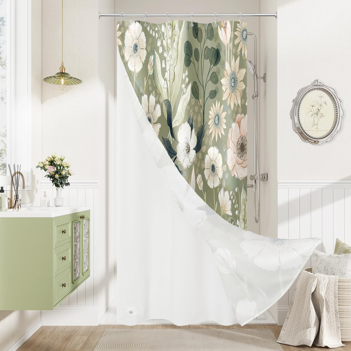 Boho Floral Shower Curtain, Vintage Botanical Fabric Curtain, 72 x 72