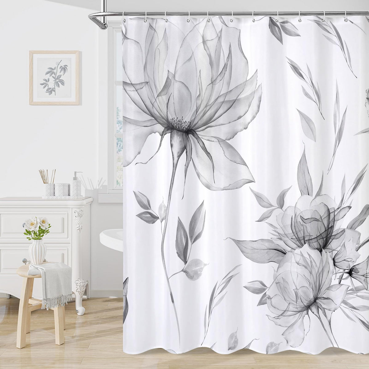 Blue Boho Floral Shower Curtain, Watercolor Botanical Design, 72 x 72