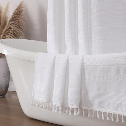 OVZME Sage Green Shower Curtain for Bathroom, Boho Linen Textured Shower Curtain with Tassel, Rustic Striped Heavy Duty Vintage Country Bathroom Curtain, 72Wx72L Inches