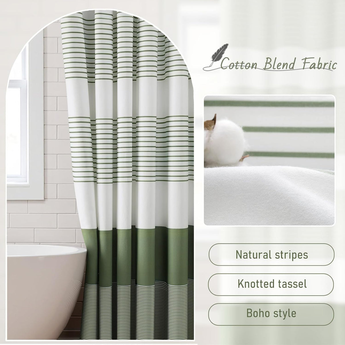 Sage Green Boho Cotton Striped Shower Curtain with Tassel 72"W X 72"L