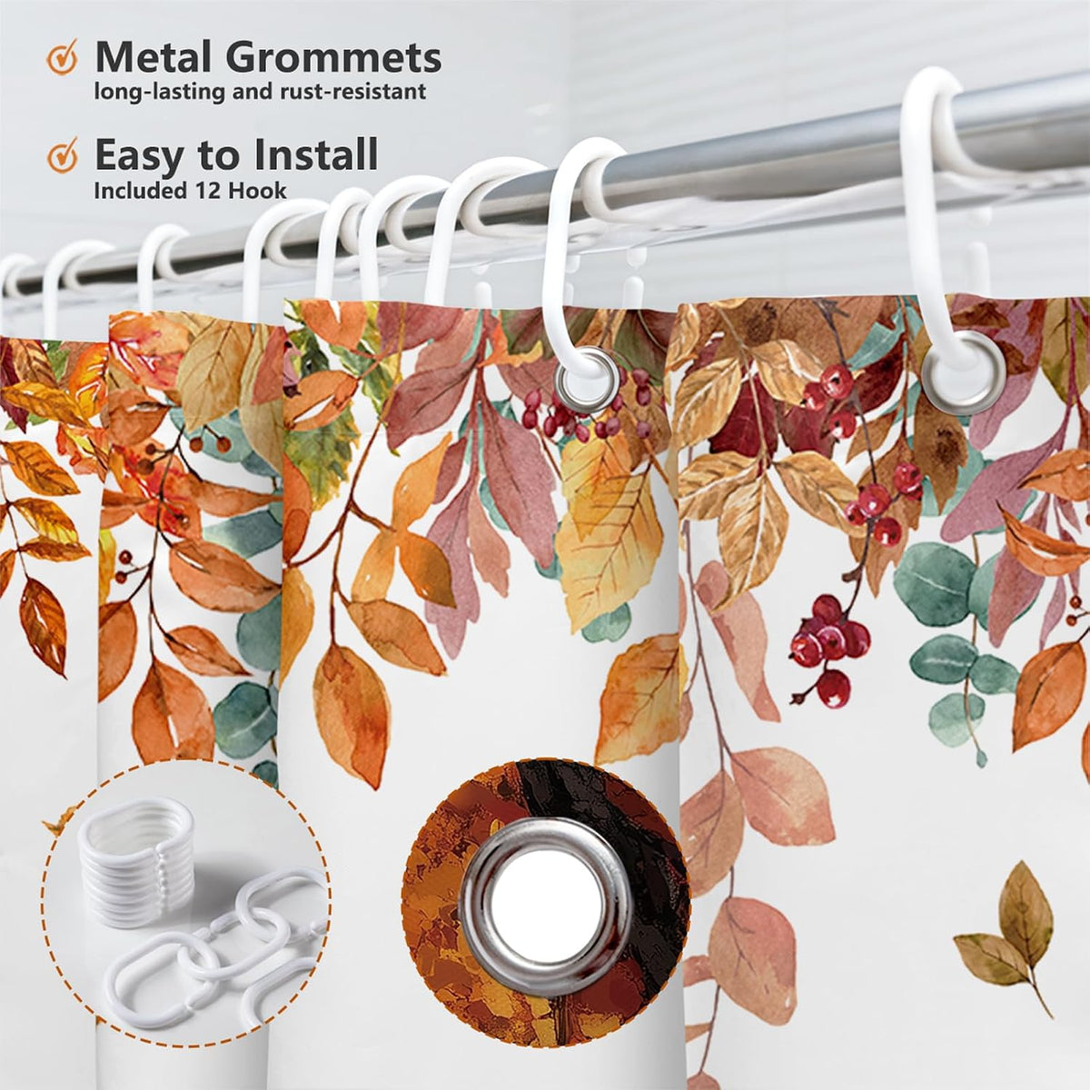 MEHOFOND Autumn Pumpkin Shower Curtain Maple Leaves Floral Bath Curtain