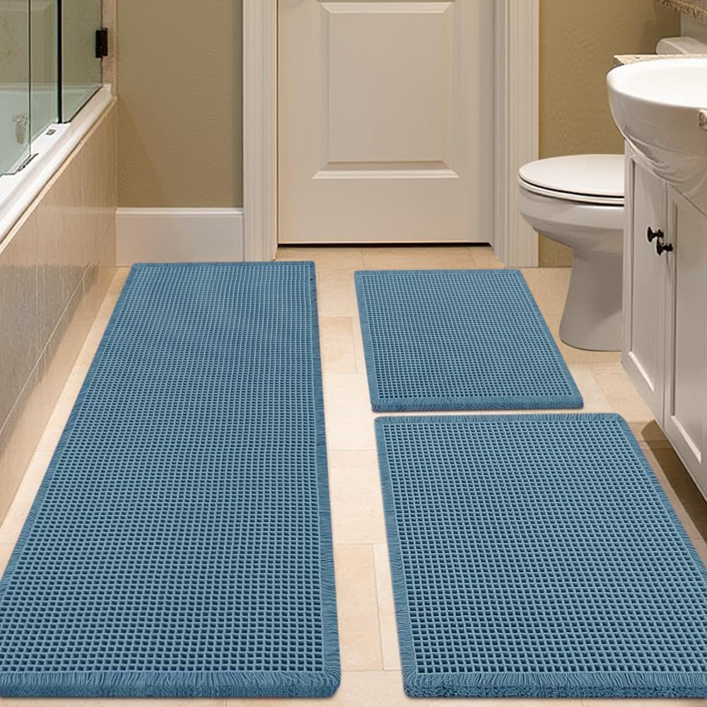 IM HOME Waffle Bath Mat Beige 32"x20", Boho Woven Modern Bath Mat Rugs, Absorbent Non Slip Bathroom Rugs, Soft Washable Bath Rugs with Tassels for Bathroom, Bedroom, Kitchen, Shower, Tub