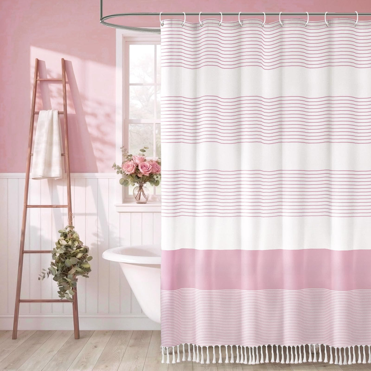 Sage Green Boho Cotton Striped Shower Curtain with Tassel 72"W X 72"L