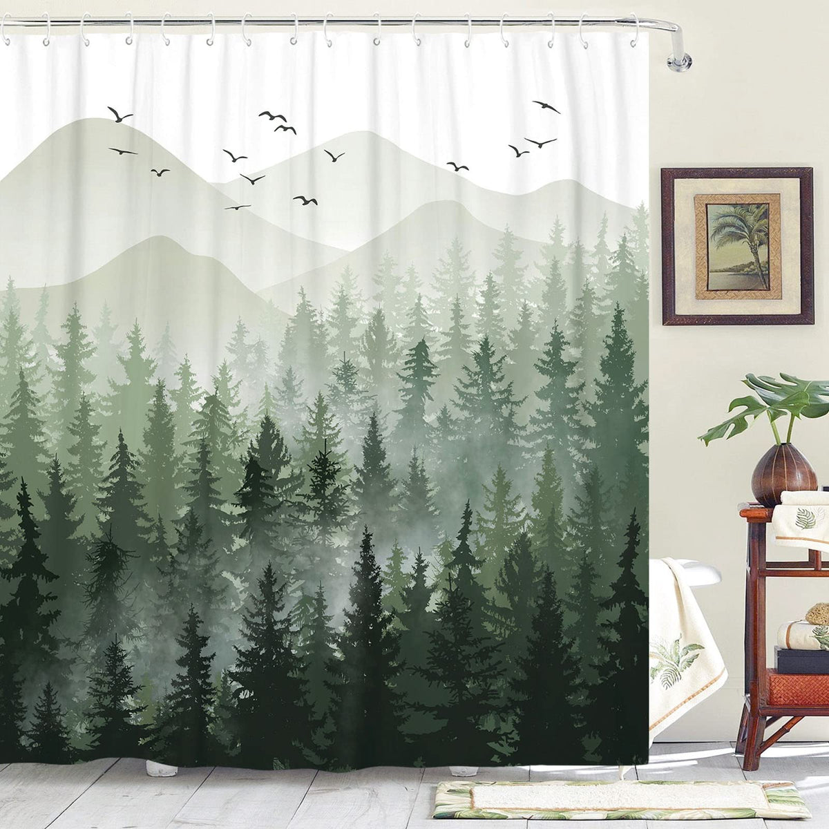 Accnicc Forest Mountain Shower Curtain Dark Green Nature Misty Pine Tree Shower Curtains for Bathroom Foggy Rustic Woodland Decorative Waterproof Fabric Bath Curtain Decor 72×72 Inches