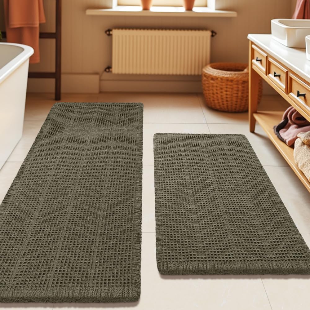 Upgrade Waffle Bath Mat Set 2 Piece, Boho Bathroom Rugs Absorbent Non Slip, Ultra Soft Bathroom Mat, Machine Washable Knit Bath Rugs with Herringbones for Bathroom, Bedroom, Kitchen, Shower, White