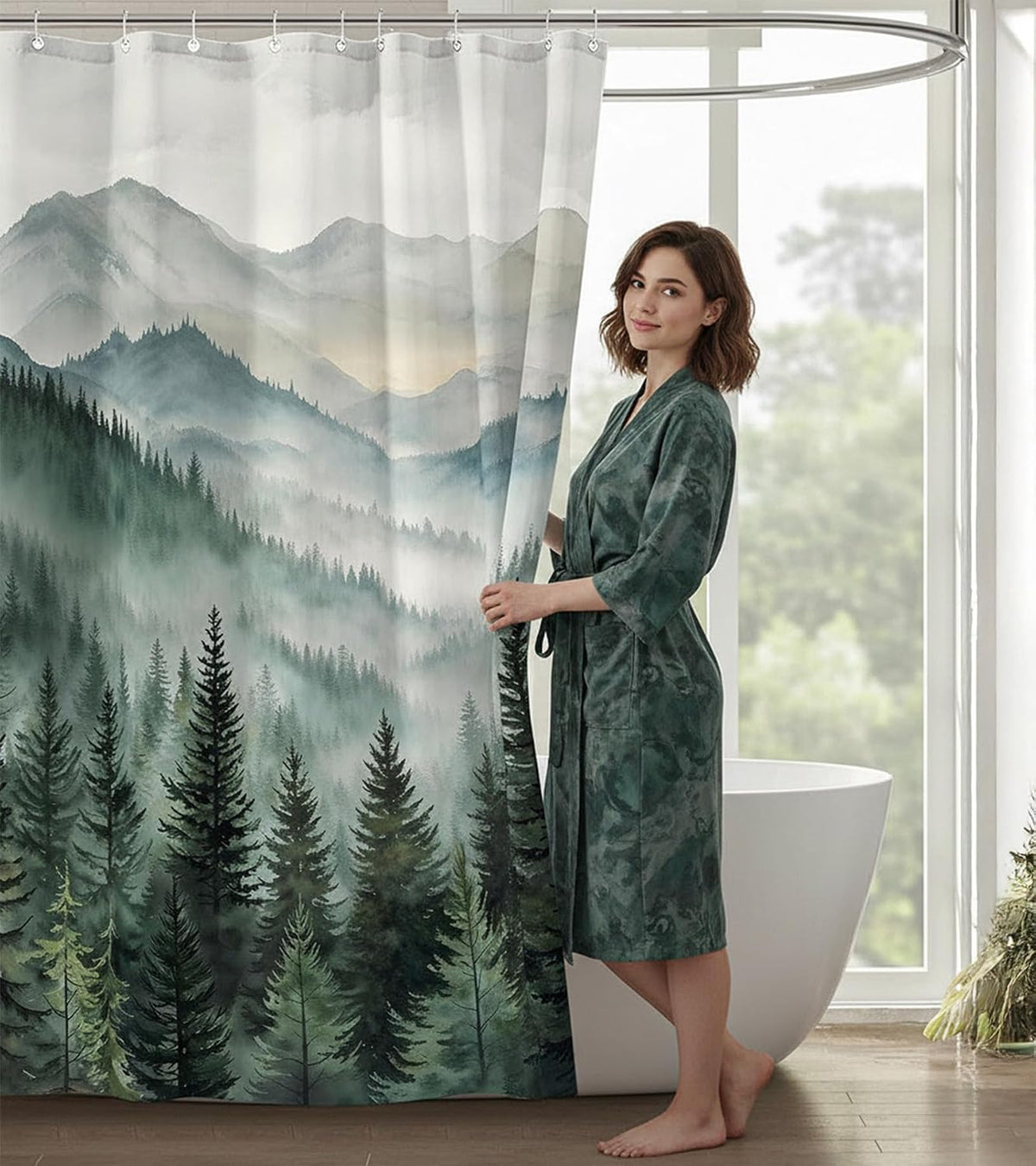 Accnicc Forest Mountain Shower Curtain Dark Green Nature Misty Pine Tree Shower Curtains for Bathroom Foggy Rustic Woodland Decorative Waterproof Fabric Bath Curtain Decor 72×72 Inches