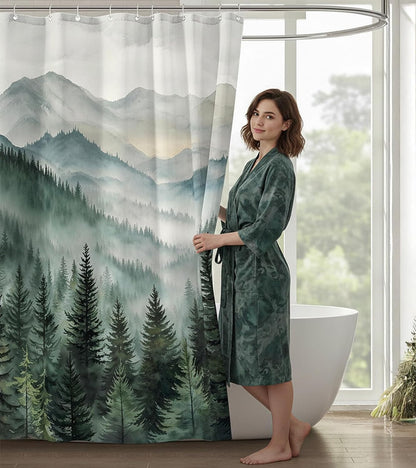 Accnicc Forest Mountain Shower Curtain Dark Green Nature Misty Pine Tree Shower Curtains for Bathroom Foggy Rustic Woodland Decorative Waterproof Fabric Bath Curtain Decor 72×72 Inches