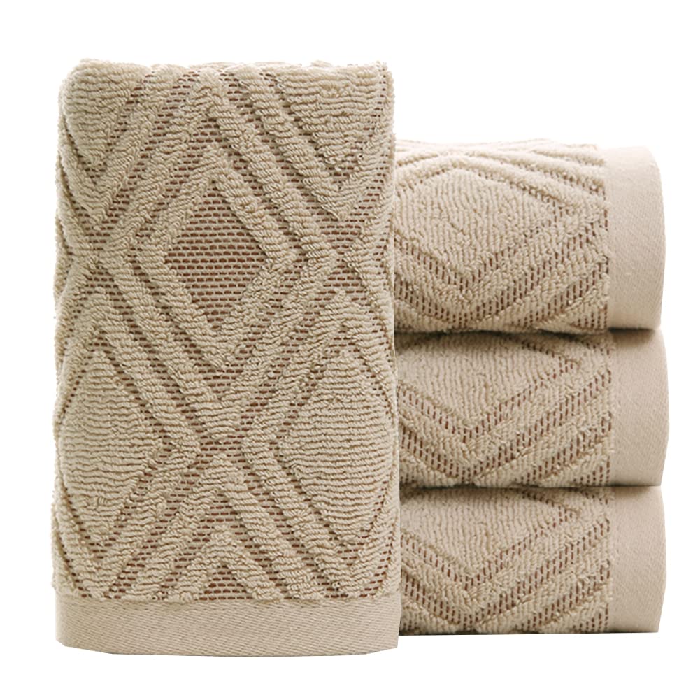 Pidada Hand Towels Set of 4 Diamond Pattern 100% Cotton Absorbent Soft Decorative Towel for Bathroom (Beige Brown)
